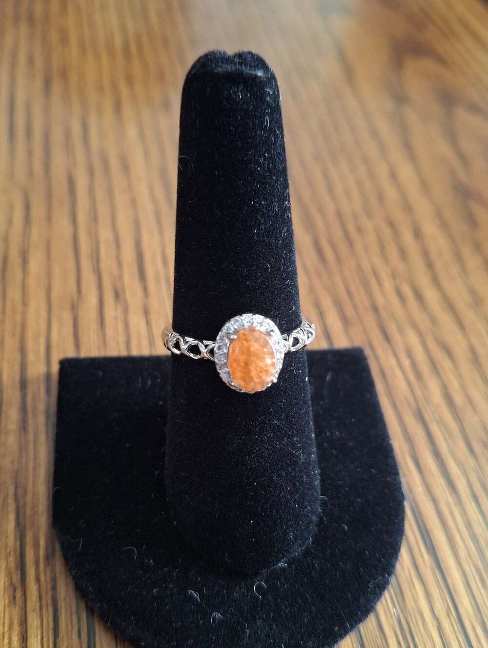 Fire Opal Stone Ring Adjustable Band Silvertone Hardware 7-8-9
